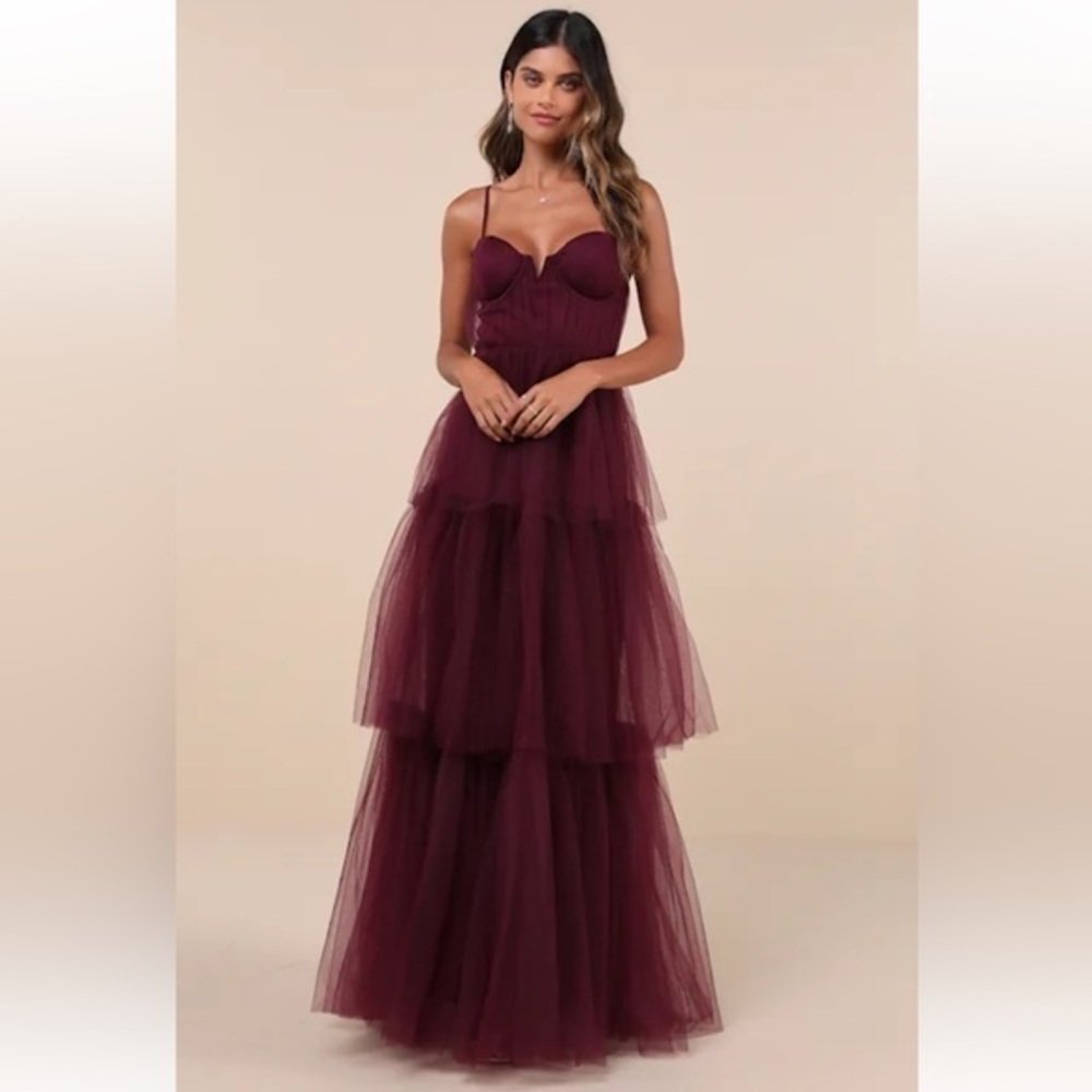 LULU’S UNFORGETTABLE POISE TULLE BUSTIER TIERED MAXI DRESS